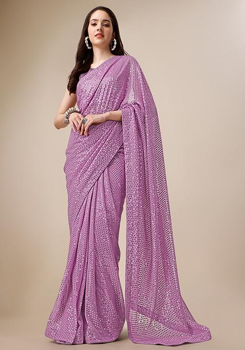 Purple Embroidered Georgette Saree Set