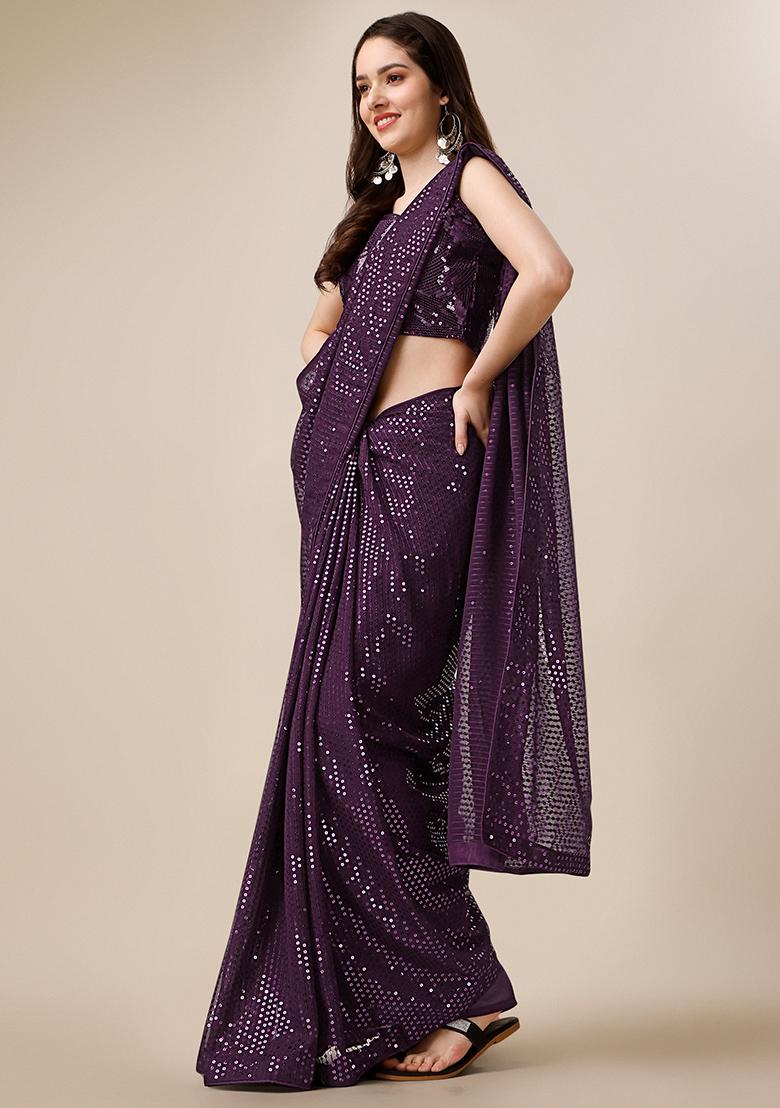 Wine Embroidered Georgette Saree Set
