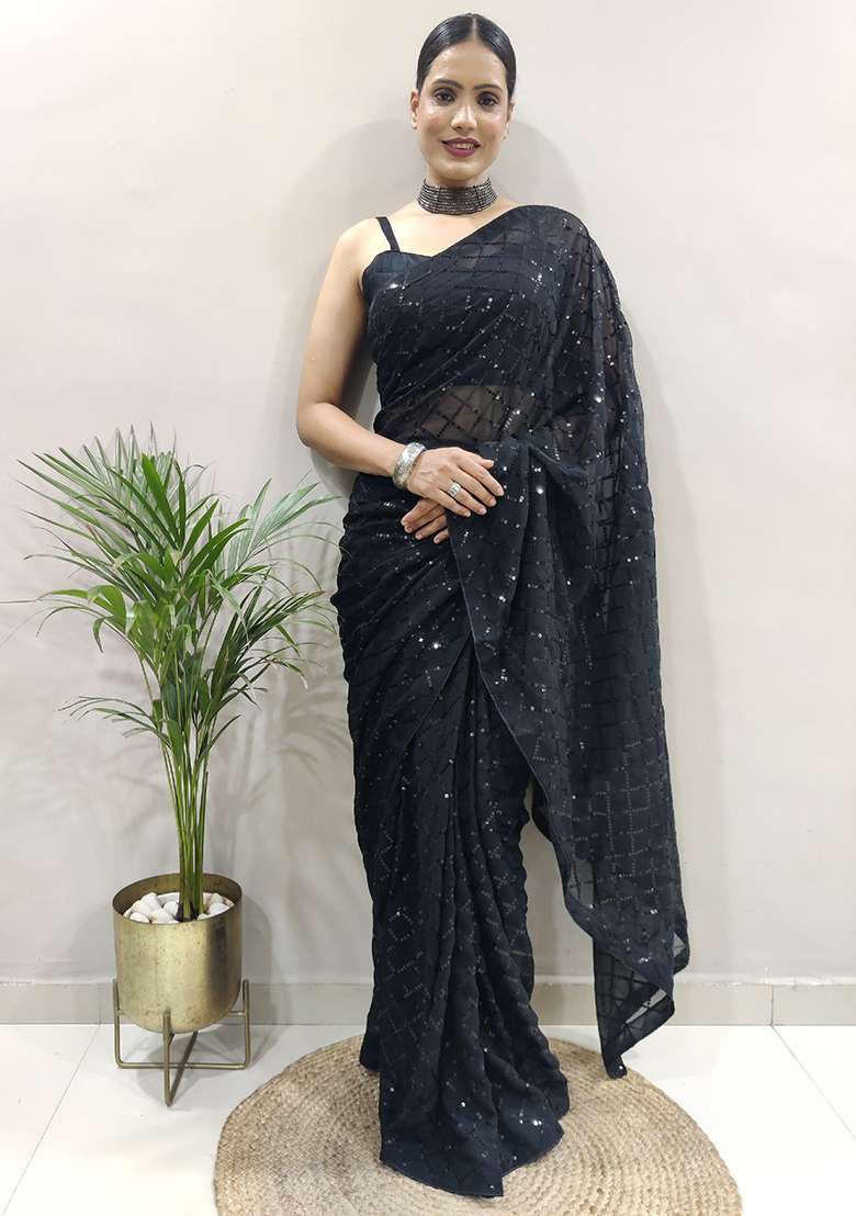 Black Embroidered Georgette Saree Set for Diwali and Festive Wear - Indya