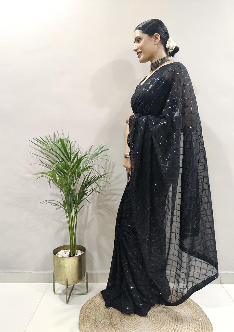 Black Embroidered Georgette Saree Set
