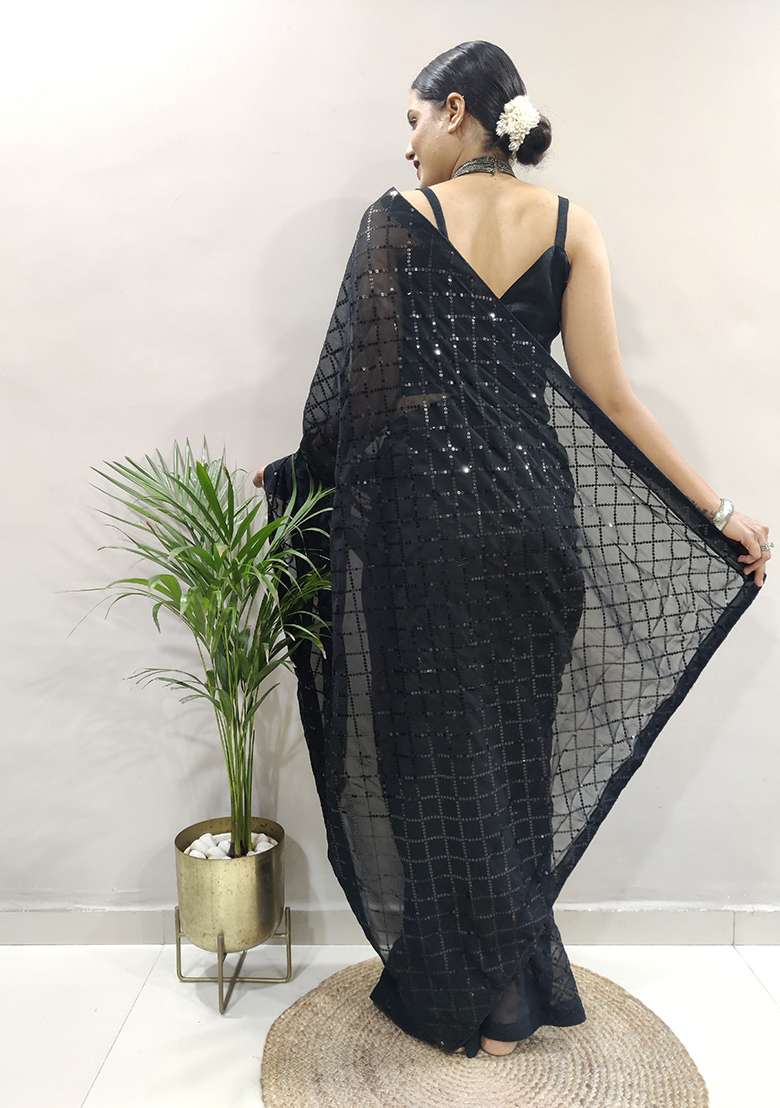 Black Embroidered Georgette Saree Set for Diwali and Festive Wear - Indya