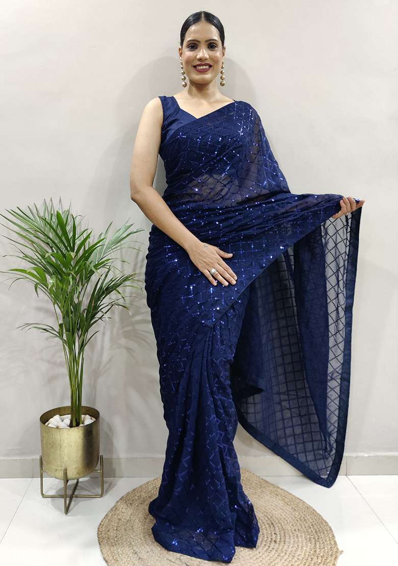 Blue Georgette Saree Set with Embroidered for Diwali | Wedding & Festive Wear - Indya