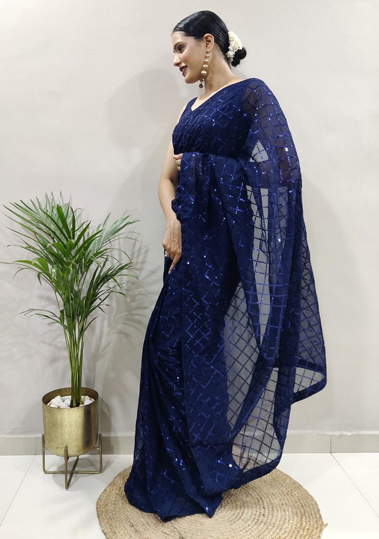 Blue Embroidered Georgette Saree Set