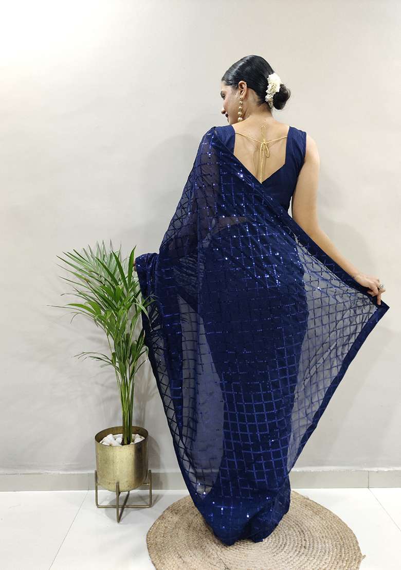 Blue Georgette Saree Set with Embroidered for Diwali | Wedding & Festive Wear - Indya