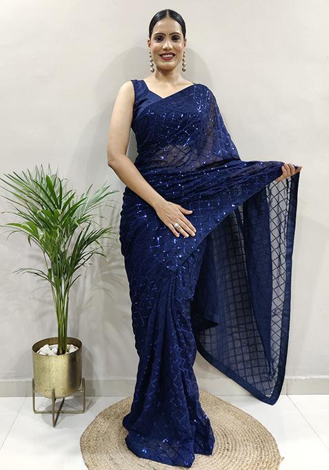 Blue Embroidered Georgette Saree Set