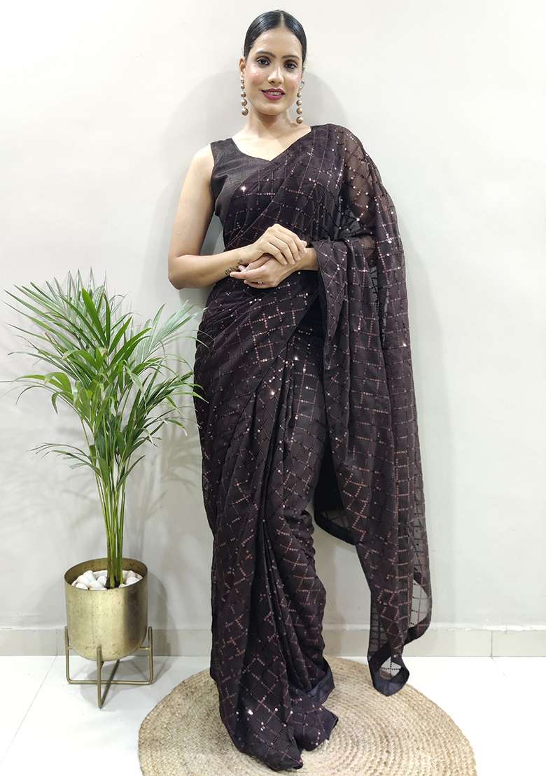Brown Embroidered Georgette Saree Set for Diwali and Festive Wear - Indya