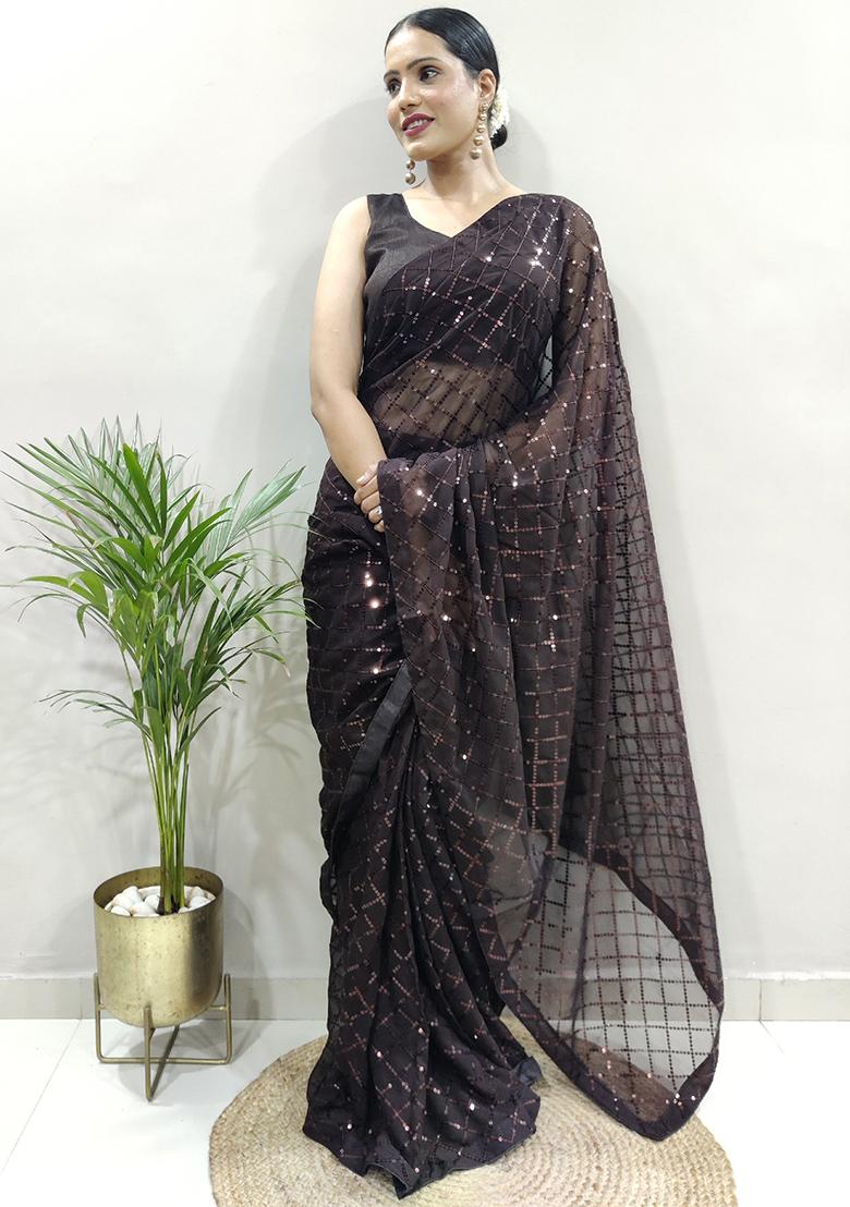 Brown Embroidered Georgette Saree Set