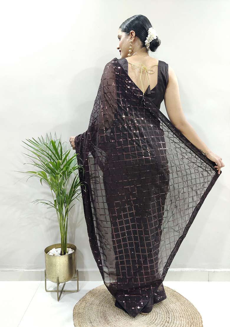 Brown Embroidered Georgette Saree Set for Diwali and Festive Wear - Indya