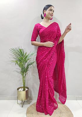 Pink Embroidered Georgette Saree Set