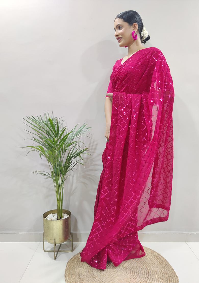Pink Embroidered Georgette Saree Set