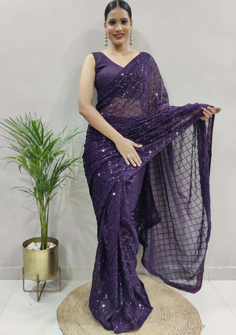 Wine Georgette Saree Set with Embroidered for Diwali | Wedding & Festive Wear - Indya