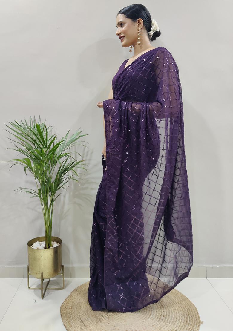 Wine Embroidered Georgette Saree Set