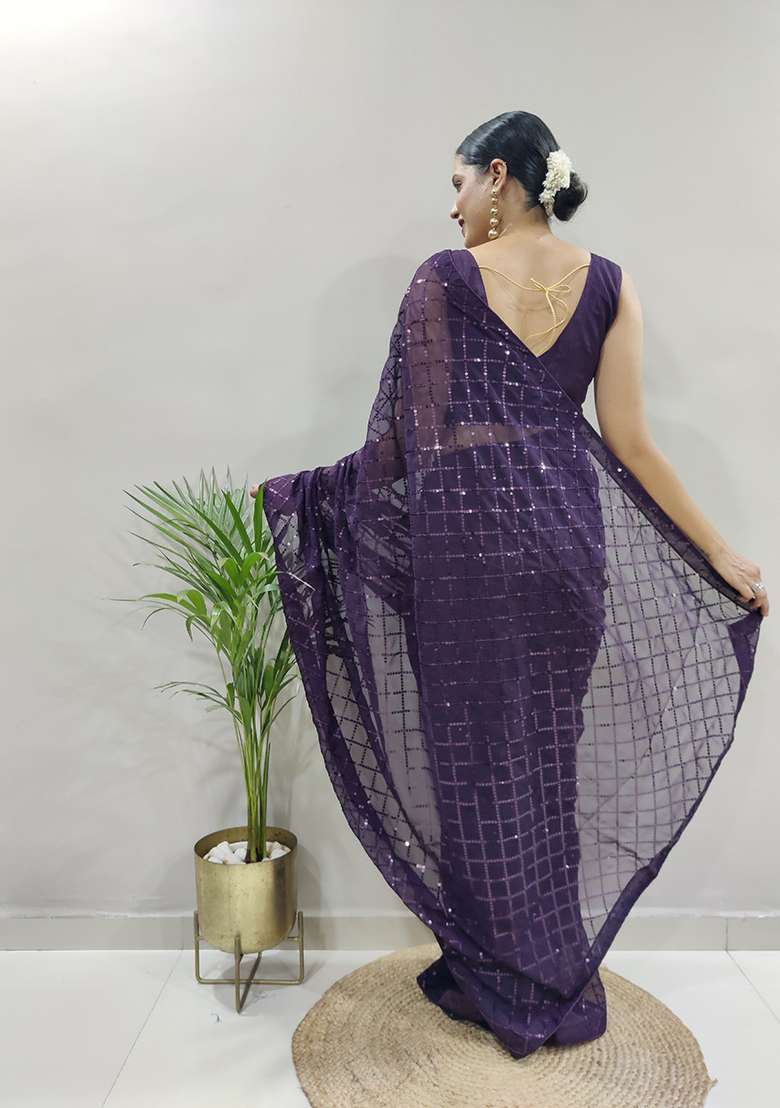 Wine Georgette Saree Set with Embroidered for Diwali | Wedding & Festive Wear - Indya
