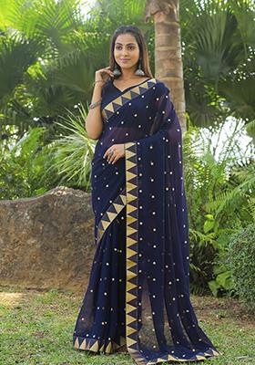 Blue Embroidered Georgette Saree Set