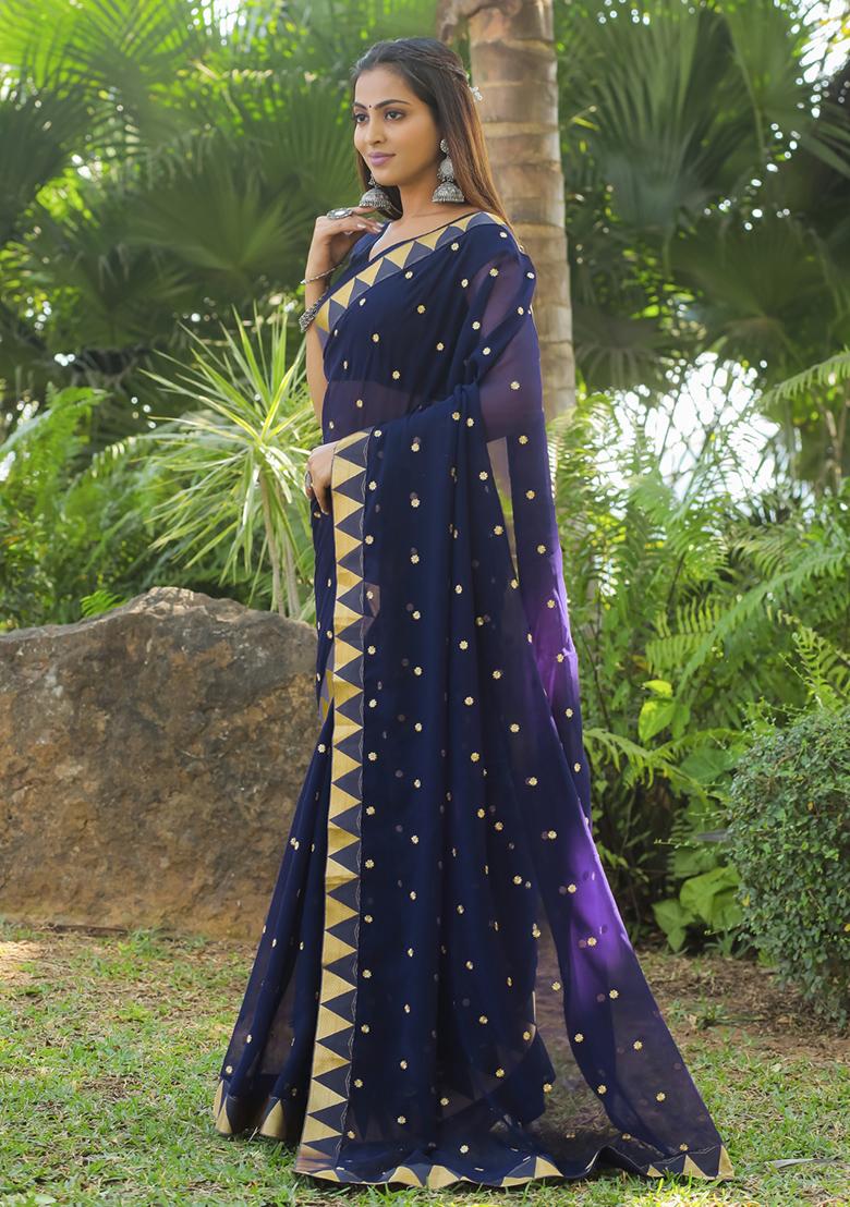 Blue Embroidered Georgette Saree Set