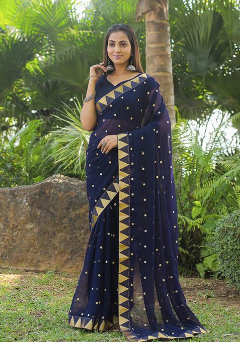 Blue Embroidered Georgette Saree Set