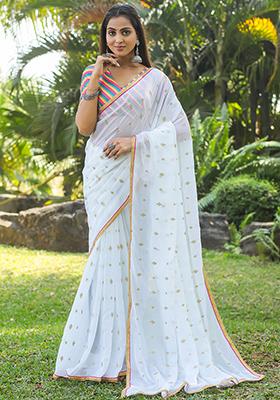 White Embroidered Georgette Saree Set