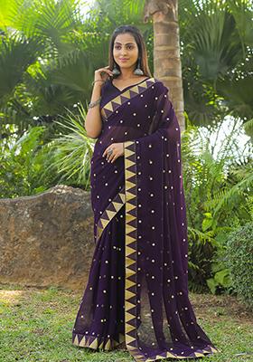 Wine Embroidered Georgette Saree Set