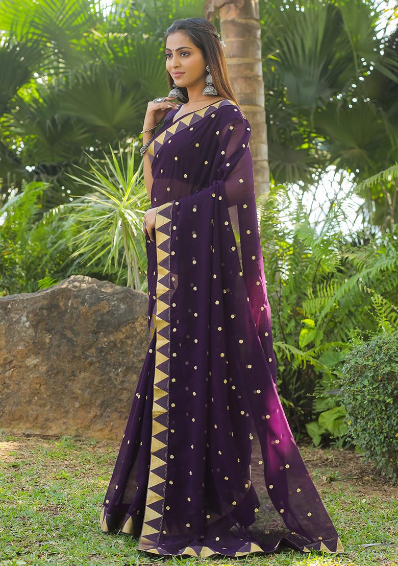 Wine Embroidered Georgette Saree Set
