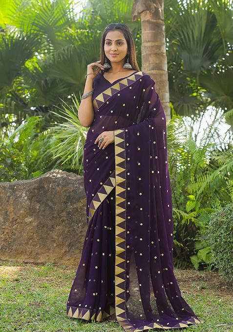 Wine Embroidered Georgette Saree Set