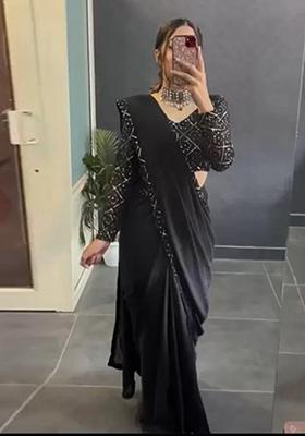 Black Embroidered Vichitra Saree Set