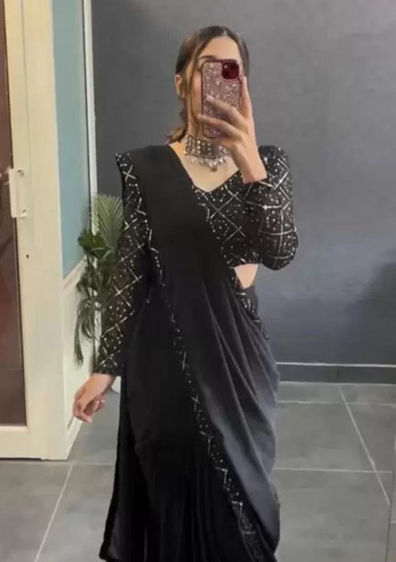 Black Embroidered Vichitra Saree Set