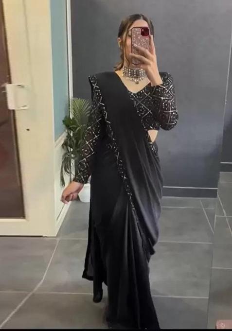 Black Embroidered Vichitra Saree Set