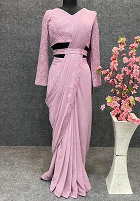 Purple Embroidered Vichitra Saree Set