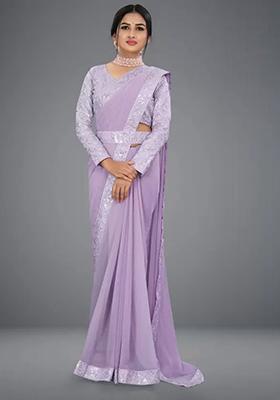 Purple Embroidered Vichitra Saree Set