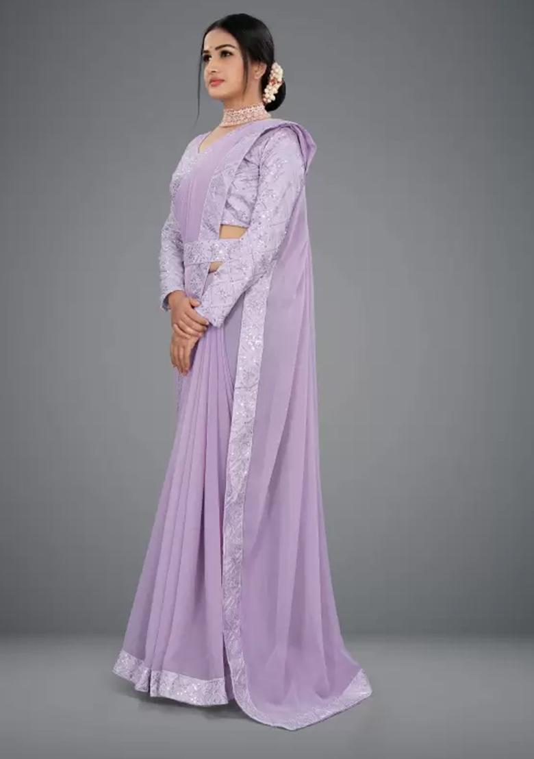 Purple Embroidered Vichitra Saree Set