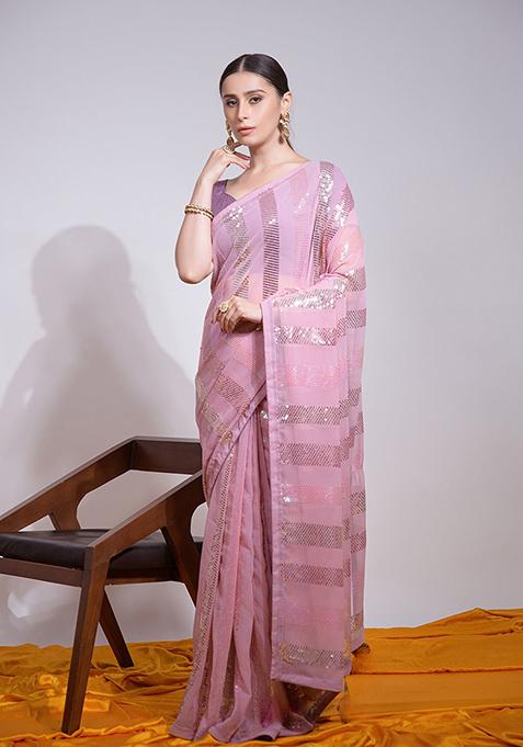 Pink Embroidered Georgette Saree Set