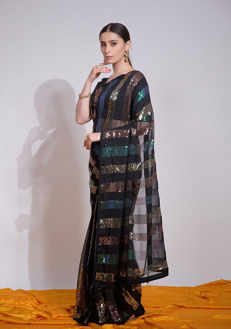 Brown Embroidered Georgette Saree Set