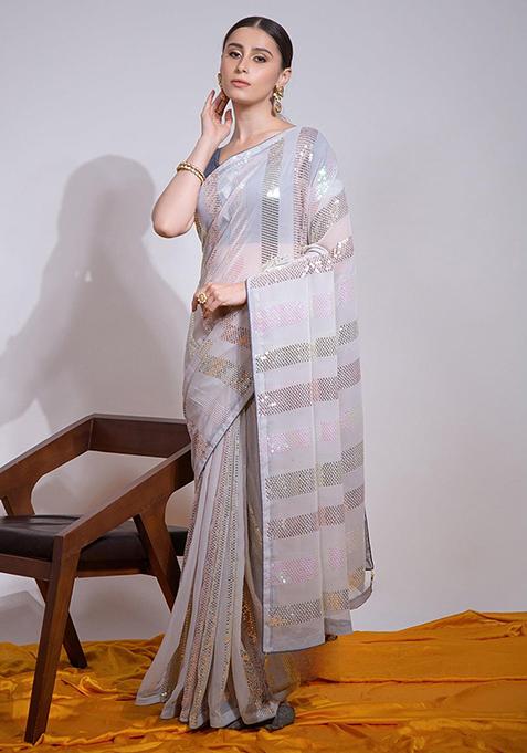 Grey Embroidered Georgette Saree Set