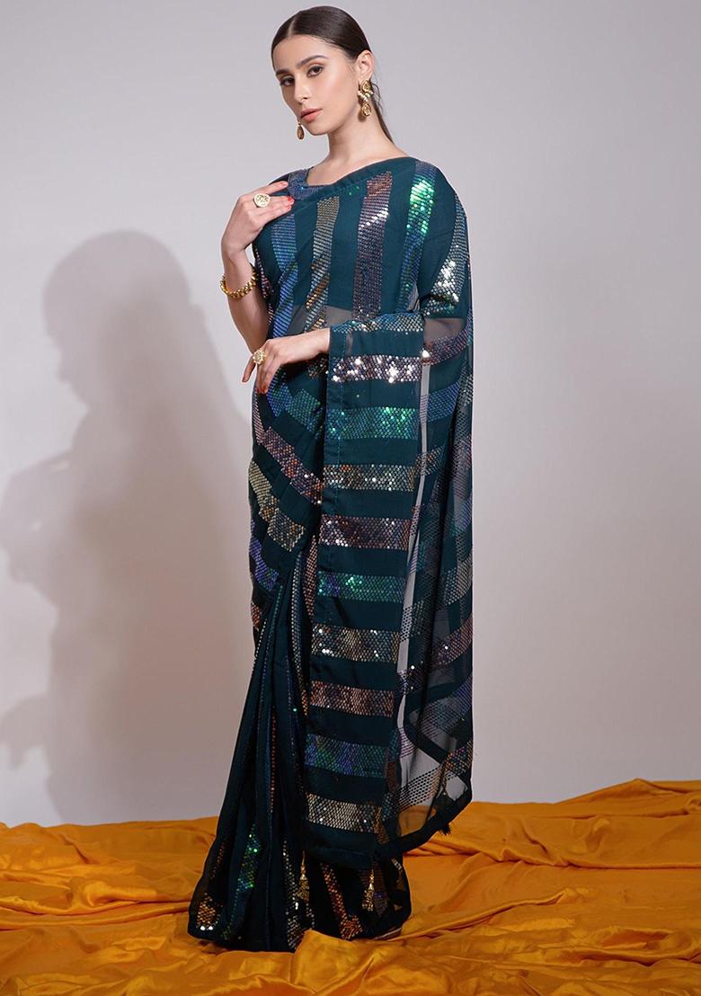 Green Embroidered Georgette Saree Set