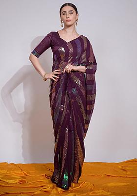 Wine Embroidered Georgette Saree Set