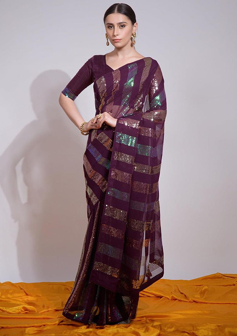 Wine Embroidered Georgette Saree Set