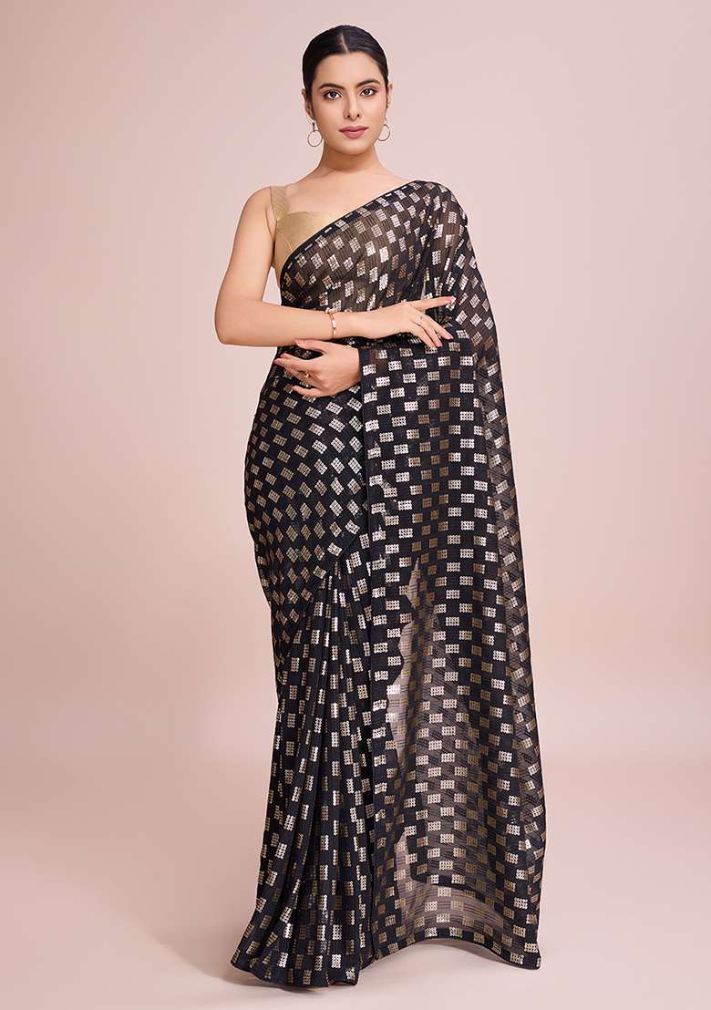 Black Georgette Saree Set with Embroidered for Diwali | Wedding & Festive Wear - Indya