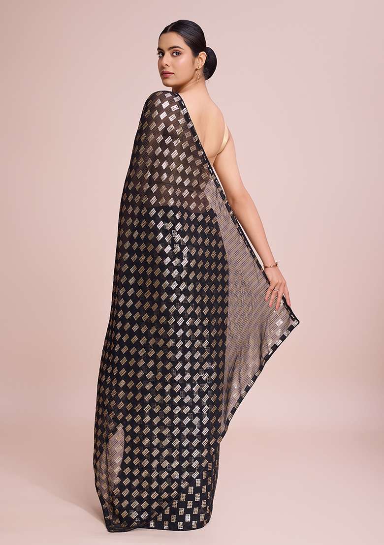 Black Georgette Saree Set with Embroidered for Diwali | Wedding & Festive Wear - Indya