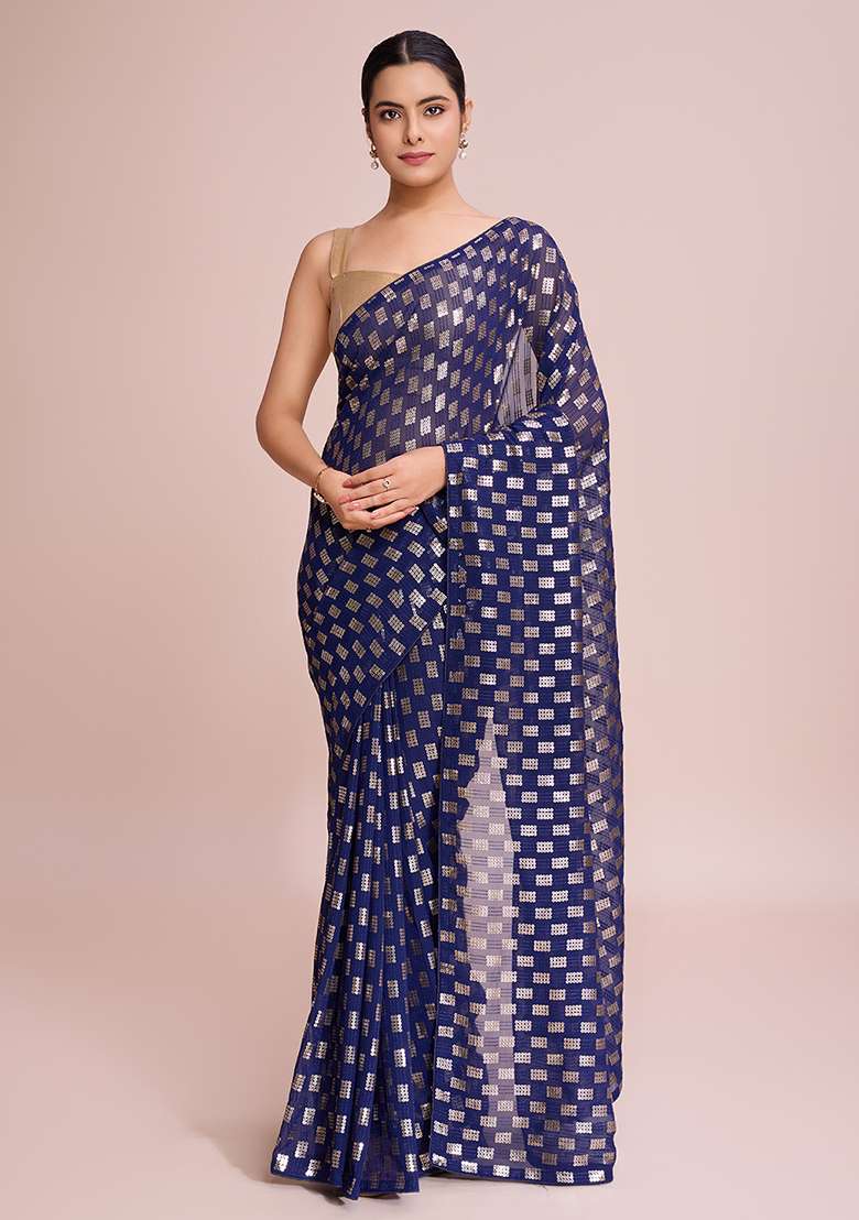 Blue Georgette Saree Set with Embroidered for Diwali | Wedding & Festive Wear - Indya