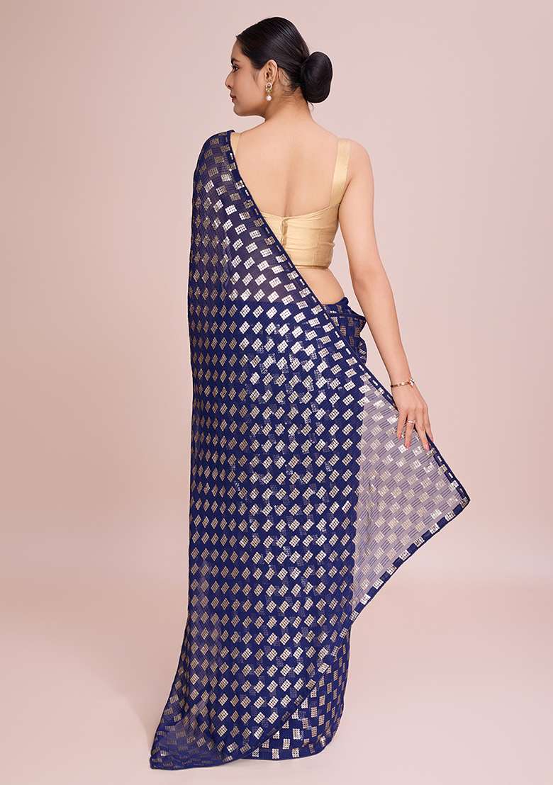 Blue Georgette Saree Set with Embroidered for Diwali | Wedding & Festive Wear - Indya
