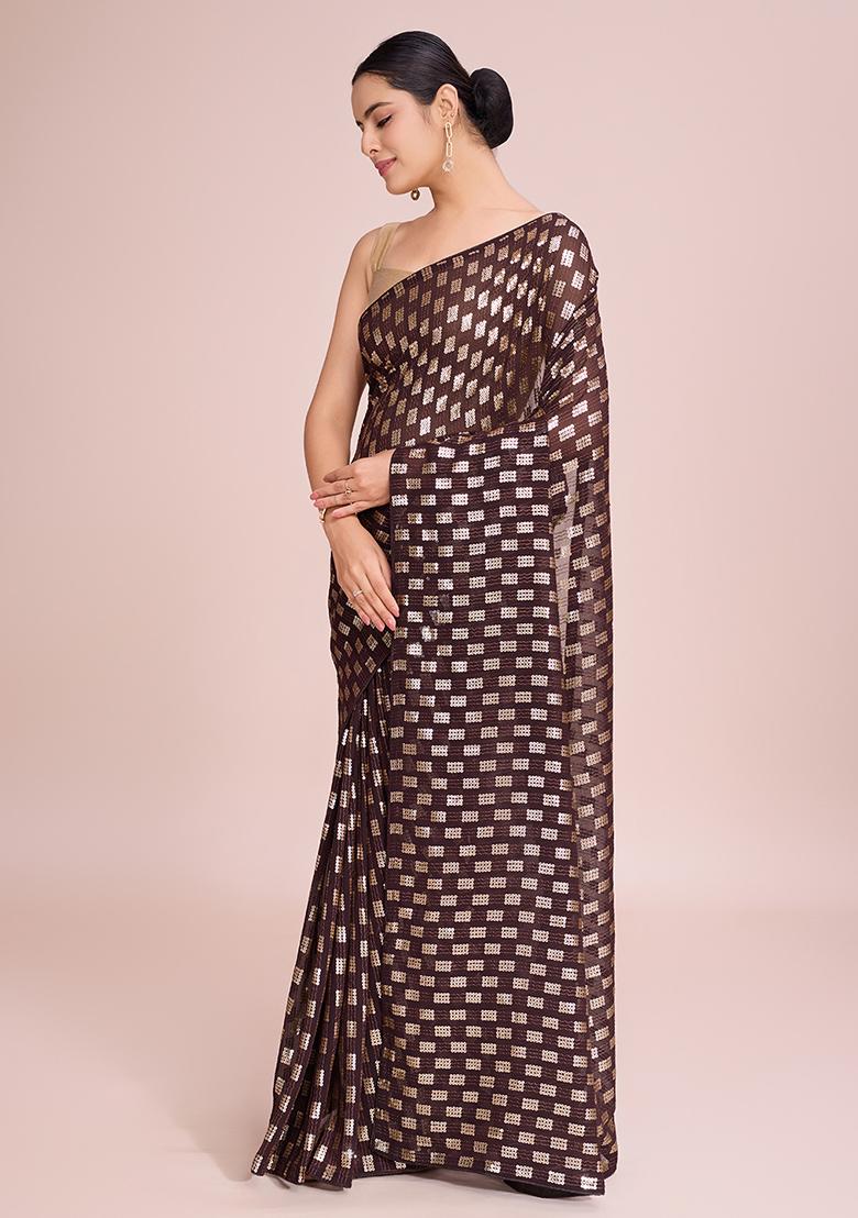 Brown Embroidered Georgette Saree Set