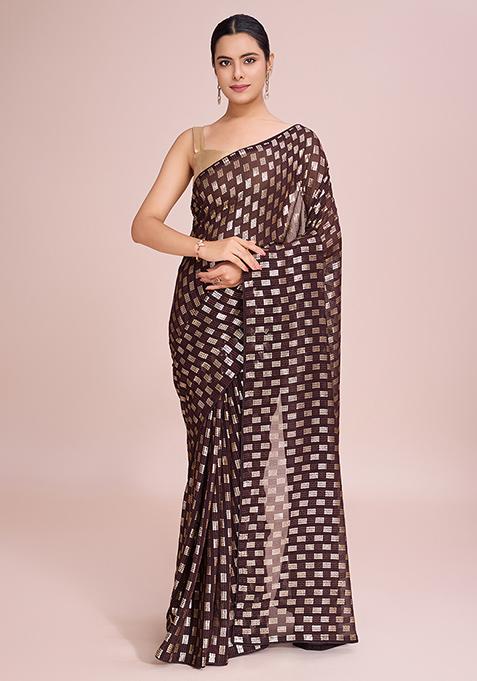 Brown Embroidered Georgette Saree Set