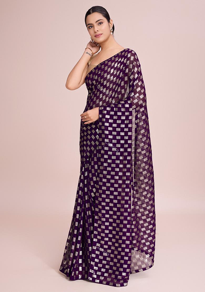 Purple Embroidered Georgette Saree Set