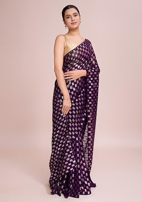 Purple Embroidered Georgette Saree Set