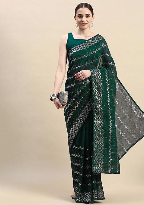 Green Embroidered Georgette Saree Set