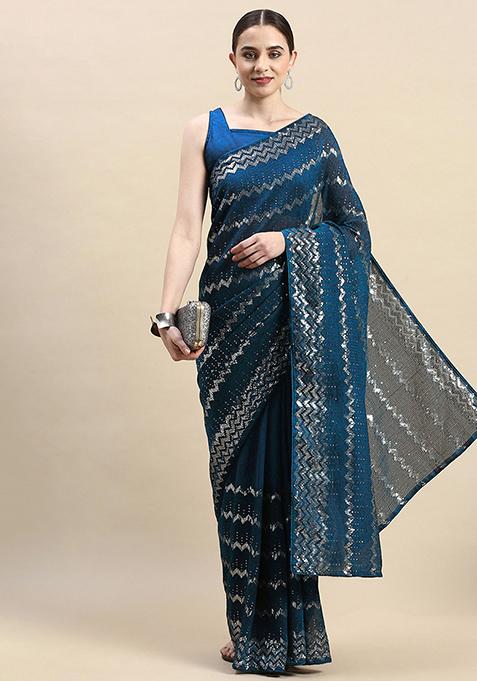 Blue Embroidered Georgette Saree Set