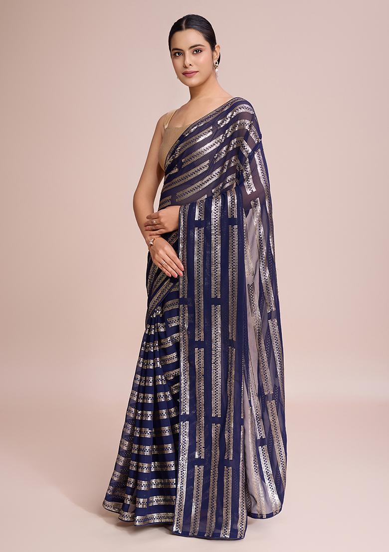 Blue Embroidered Georgette Saree Set