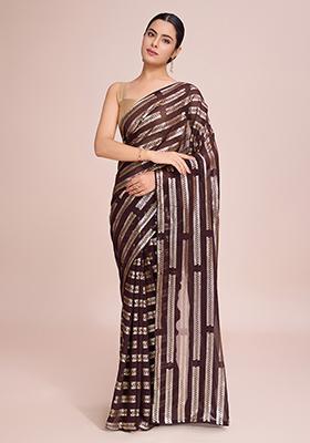 Brown Embroidered Georgette Saree Set