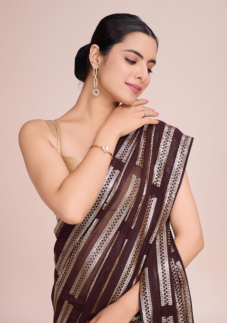 Brown Embroidered Georgette Saree Set