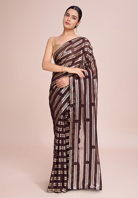 Brown Embroidered Georgette Saree Set